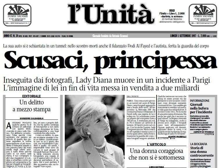 “Scusaci, Principessa”: il titolo dell’Unità alla morte di Lady Diana e la spiegazione di Sansonetti