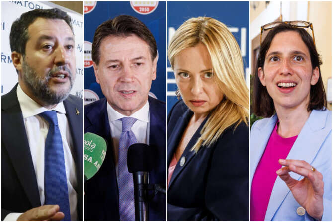 Collage di foto da Lapresse con il segretario della Lega Matteo Salvini, il leader del M5S Giuseppe Conte, la premier Giorgia Meloni, la segretaria del Pd Elly Schlein