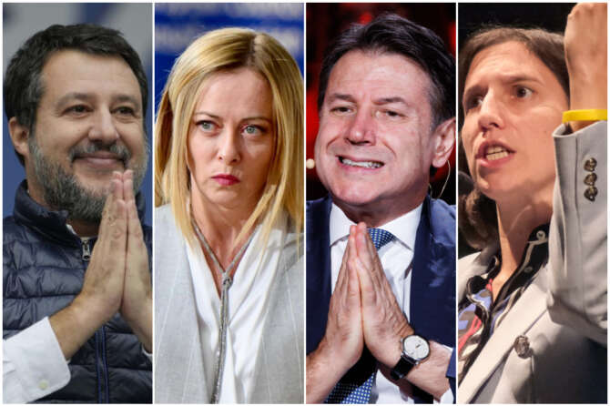 Collage di foto da LAPRESSE con (da sinistra) Matteo Salvini, Giorgia Meloni, Giuseppe Conte, Elly Schlein