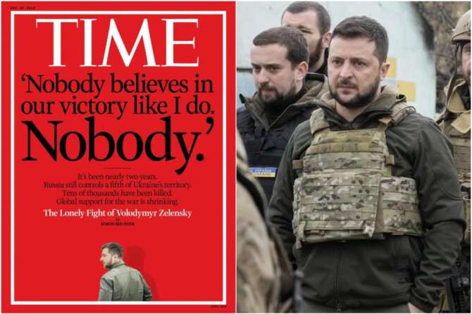 La copertina del Time e il presidente ucraino Volodymyr Zelensky