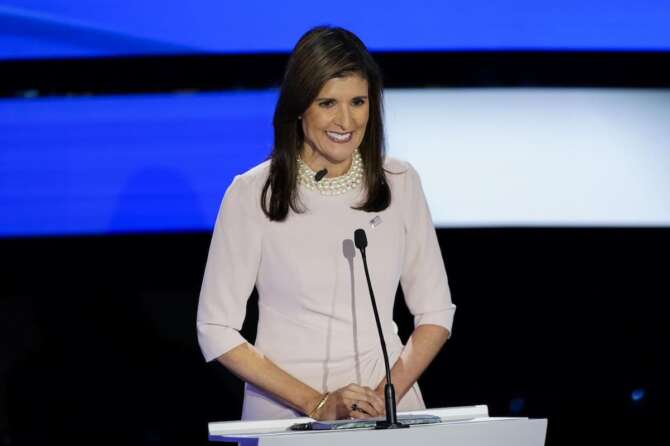 Former UN Ambassador Nikki Haley at the CNN Republican presidential debate with Florida Gov. Ron DeSantis at Drake University in Des Moines, Iowa, Wednesday, Jan. 10, 2024. (AP Photo/Andrew Harnik) Associated Press/LaPresse Only Italy and Spain