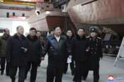 This undated photo provided on Feb. 2, 2024, by the North Korean government, North Korean leader Kim Jong Un, center, visits a shipyard in Nampho, North Korea. Independent journalists were not given access to cover the event depicted in this image distributed by the North Korean government. The content of this image is as provided and cannot be independently verified. Korean language watermark on image as provided by source reads: “KCNA” which is the abbreviation for Korean Central News Agency. (Korean Central News Agency/Korea News Service via AP) Associated Press/LaPresse Only Italy and Spain