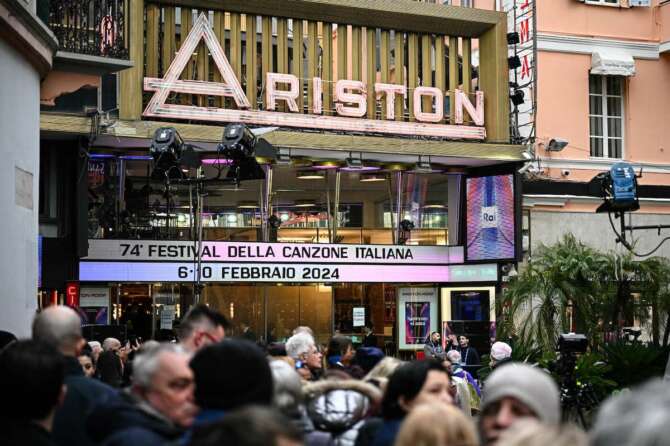 The picture shows the main entrance of “Teatro Ariston”, venue of the 74th edition of San Remo 2024 music festival. in Sanremo, northern Italy – Tuesday, FEBRUARY 6, 2024. Entertainment. (Photo by Marco Alpozzi/Lapresse)