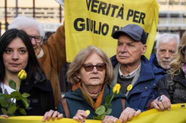 Paola, mother of Giulio Regeni, is flanked by by her husband Claudio prior to the start of the trial for the killing of Cambridge University researcher Giulio Regeni, at the Rome’s court, Tuesday, Feb. 20, 2024. Four high-level Egyptian security officials are going on trial in absentia in a Rome court, accused in the 2016 abduction, torture and slaying of an Italian doctoral student in Cairo. (AP Photo/Andrew Medichini) Associated Press/LaPresse Only Italy and Spain