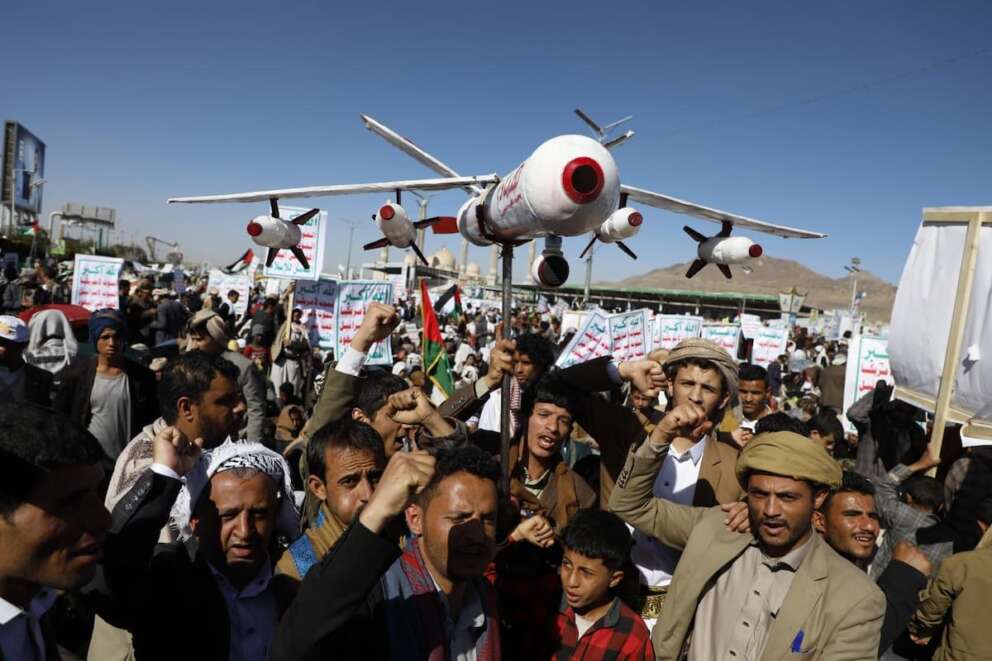 Houthi supportsersattend a rally against the U.S.-led strikes on Yemen and Israel’s war in Gaza Strip, in Sanaa, Yemen, Friday, Feb. 23, 2024. (AP Photo/Osamah Abdulrahman)