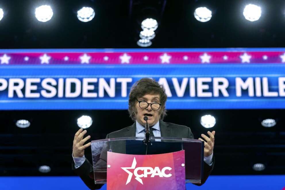 FILE – Argentina’s President Javier Milei speaks during the Conservative Political Action Conference, CPAC 2024, at National Harbor, in Oxon Hill, Md., Feb. 24, 2024. A new survey provides a sobering outlook of the world’s democracies. While most citizens in two dozen countries say representative democracy is a good way to govern, they are deeply dissatisfied with the way it’s working in their country. (AP Photo/Jose Luis Magana, File)