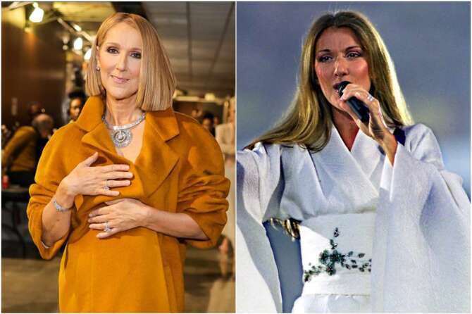 Celine Dion a sinistra nella sua ultima apparizione ai Grammy 2024 e a destra in un concerto a Parigi nel 1999