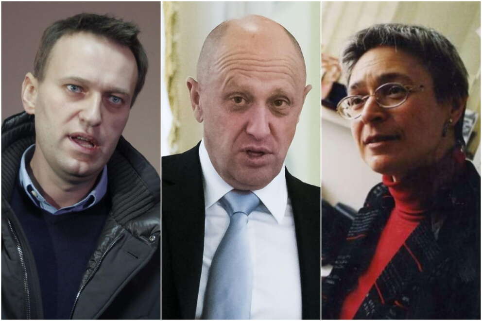 Da sinistra nell’ordine, Aleksej Navalny, Evgenij Prigozhin e Anna Politkovskaja, dissidenti di Putin morti in circostanze misteriose