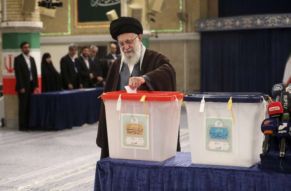 In this photo released by the office of the Iranian supreme leader, Supreme Leader Ayatollah Ali Khamenei casts his ballot during the parliamentary and Assembly of Experts elections in Tehran, Iran, Friday, March 1, 2024. Iran began voting Friday in its first elections since the mass 2022 protests over its mandatory hijab laws after the death of Mahsa Amini, with questions looming over just how many people will turn out for the poll. (Office of the Iranian Supreme Leader via AP) Associated Press/LaPresse Only Italy and Spain