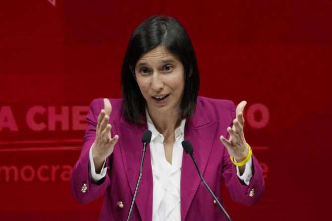 Leader of Italy’s Democratic Party Elly Schlein delivers her speech at the PES congress, in Rome, Saturday, March 2, 2024. (AP Photo/Alessandra Tarantino)