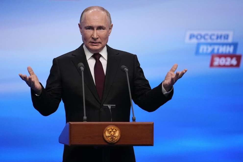 Russian President Vladimir Putin speaks on a visit to his campaign headquarters after a presidential election in Moscow in Moscow, Russia, Sunday, March 17, 2024. (AP Photo/Alexander Zemlianichenko)