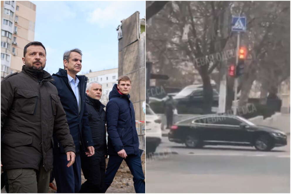 Mitsotakis e Zelensky, a destra il corteo presidenziale sfiorato dal raid russo