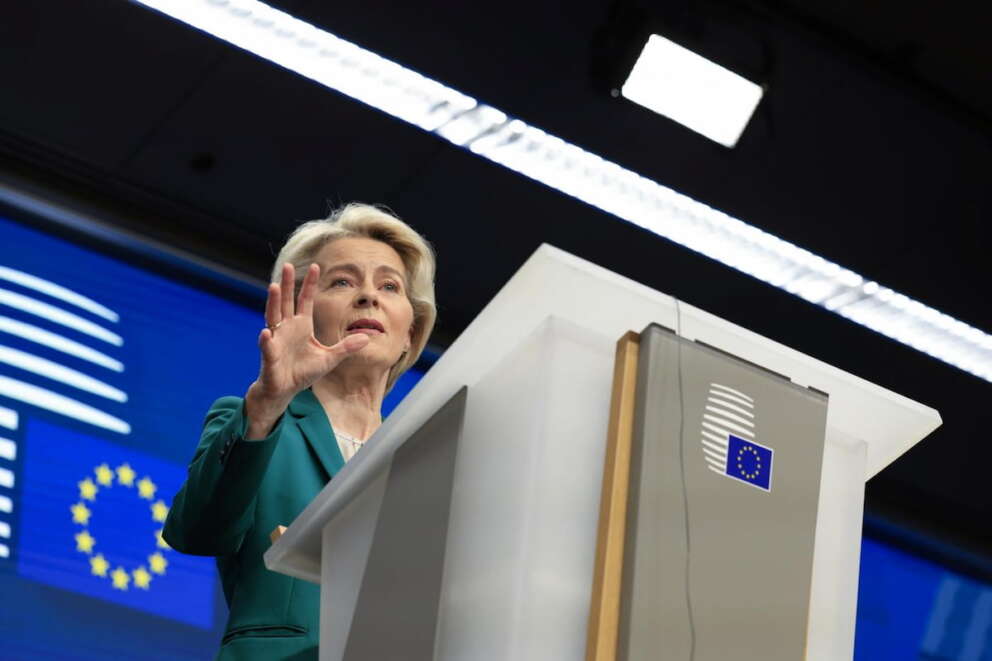 European Commission President Ursula von der Leyen addresses a media conference at the conclusion of an EU Summit in Brussels, Friday, March 22, 2024. European Union leaders on Friday discussed plans to boost investment and the economy. (AP Photo/Geert Vanden Wijngaert)