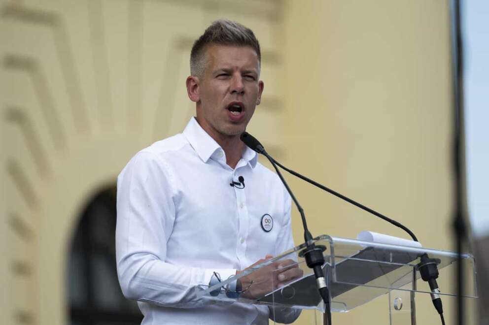 Péter Magyar, a rising challenger to Hungarian Prime Minister Viktor Orbán, addresses people at a campaign rally in the rural city of Debrecen, Hungary, on Sunday, May 5, 2024. Magyar, whose TISZA party is running in European Union elections, has managed to mobilize large crowds of supporters on a campaign tour of Hungary’s heartland, a rarity for an Orbán opponent. (AP Photo/Denes Erdos)