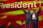 Spanish Prime Minister Pedro Sanchez and socialist candidate, Salvador Illa, right, wave to the crowd during a campaign rally in Villanova i la Gertru, near Barcelona, Spain, Thursday, May 9, 2024. Some nearly 6 million Catalans are called to cast ballots in regional elections on Sunday that will surely have reverberations in Spain’s national politics. (AP Photo/Emilio Morenatti) Associated Press/LaPresse