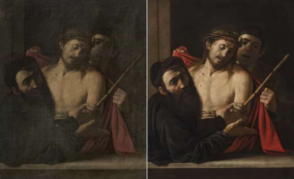 This combination of photos provided by the Prado Museum on Monday May 6, 2024 shows the restoration work on Caravaggio’s “Ecce Homo”. Spain’s Prado Museum has confirmed that a painting that was due to be auctioned in Madrid in 2021 is in fact a work by Italian Baroque master Michelangelo Merisi da Caravaggio that was considered lost. (Prado Museum, via AP) Associated Press / LaPresse Only italy and Spain