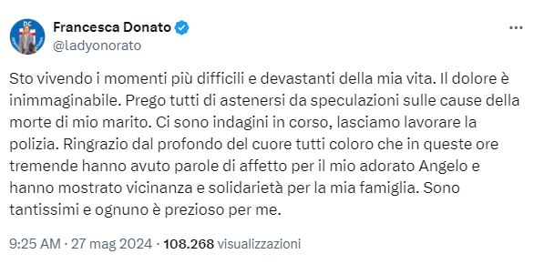 Morte Angelo Onorato, l’eurodeputata Francesca Donato: “Basta speculazioni su mio marito, dolore inimmaginabile”