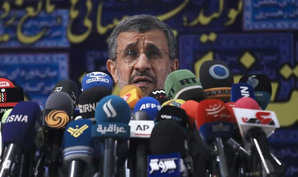 Former President Mahmoud Ahmadinejad speaks with the media after registering his name as a candidate for the June 18 presidential elections at elections headquarters of the Interior Ministry in Tehran, Iran, Wednesday, May 12, 2021. The country’s former firebrand president will run again for office in upcoming elections in June. The Holocaust-denying Ahmadinejad has previously been banned from running for the presidency by Supreme Leader Ayatollah Ali Khamenei in 2017, although then, he registered anyway. (AP Photo/Vahid Salemi)