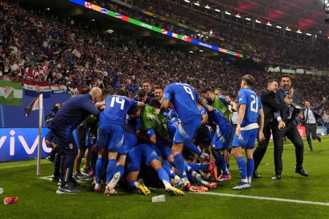 Italy’s Mattia Zaccagni celebrates after scoring goal 1-1 during the Euro 2024 soccer match between Croatia and Italy at the Leipzig stadium, Lipsia, Germany – Monday 24, June, 2024. Sport – Soccer. (Photo by Fabio Ferrari/LaPresse)