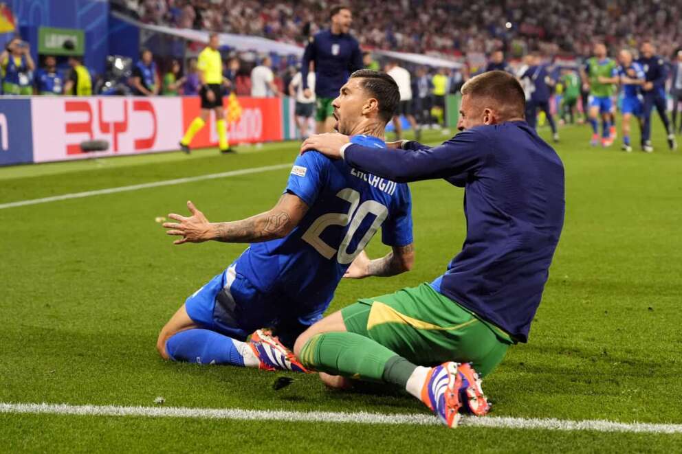 Italy’s Mattia Zaccagni celebrates after scoring goal 1-1 during the Euro 2024 soccer match between Croatia and Italy at the Leipzig stadium, Lipsia, Germany – Monday 24, June, 2024. Sport – Soccer. (Photo by Fabio Ferrari/LaPresse)