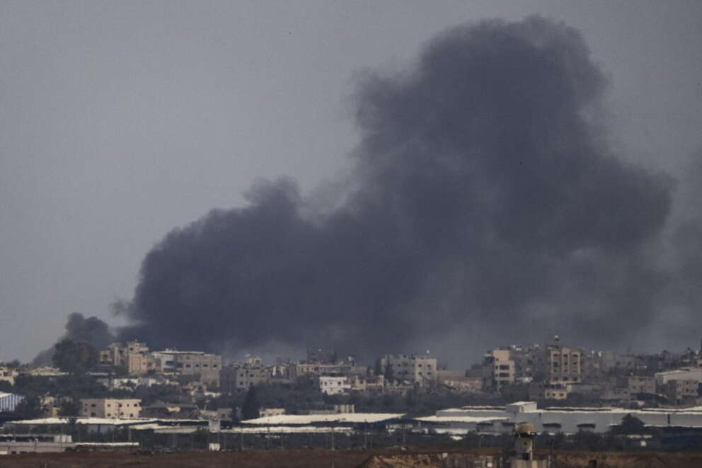 Smoke billows after an explosion in the Gaza Strip, as seen from southern Israel, Tuesday, May 28, 2024. (AP Photo/Leo Correa)