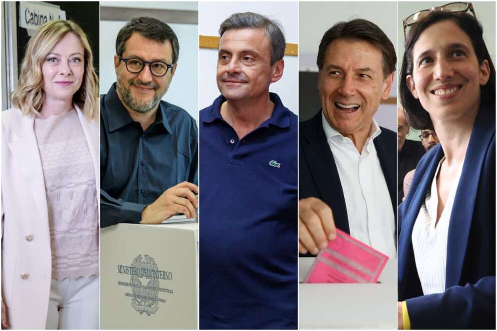 I vari leader al voto: da sinistra a destra Giorgia Meloni, Matteo Salvini, Carlo Calenda, Giuseppe Conte e Elly Schlein