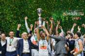 GeVi Napoli Basket players celebrate winning of the the Frecciarossa Final Eight Basket final match between EA7 Emporio Armani Milano in Turin northern Italy – Sunday, FEBRUARY 18, 2024. Sport – Basket (Photo by Marco Alpozzi/Lapresse)