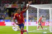Spain’s Lamine Yamal ceelbrates a goal that was disallowed fro an offside during a round of sixteen match between Spain and Georgia at the Euro 2024 soccer tournament in Cologne, Germany, Sunday, June 30, 2024. (AP Photo/Manu Fernandez)