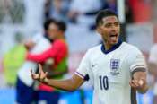 England’s Jude Bellingham celebrates his team victory after the penalty shootout during a quarterfinal match between England and Switzerland at the Euro 2024 soccer tournament in Duesseldorf, Germany, Saturday, July 6, 2024. (AP Photo/Frank Augstein)
