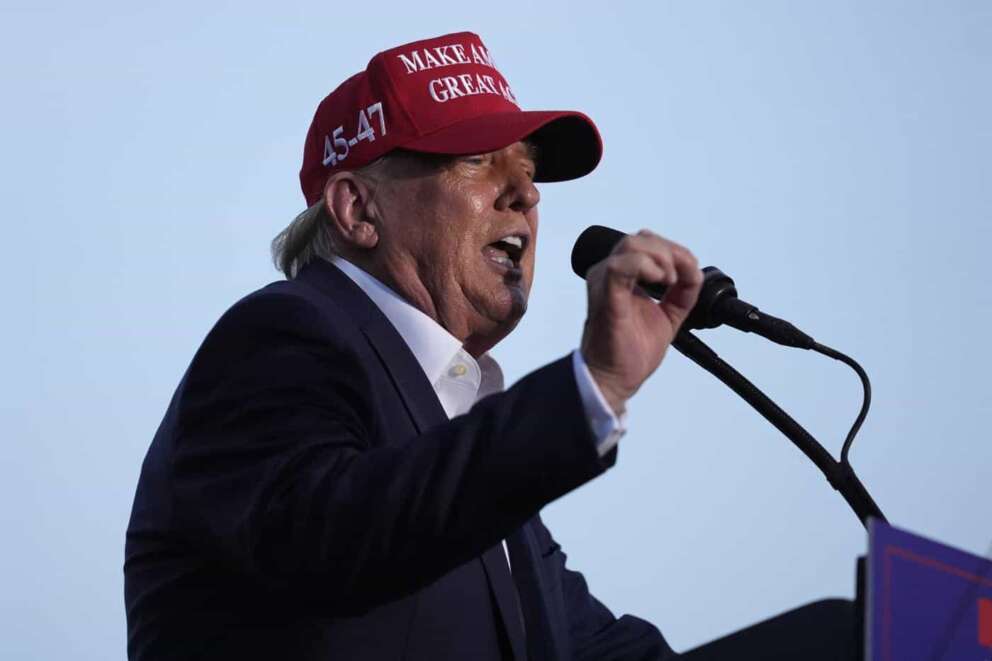 FILE – Republican presidential candidate former President Donald Trump speaks at a campaign rally, July 9, 2024, in Doral, Fla. Trump will have one last chance Saturday, July 13, to dramatically unveil his vice presidential pick on a rally stage before the Republican National Convention kicks off in Milwaukee next week. Trump’s rally in western Pennsylvania, at the Butler Farm Show just outside Pittsburgh, comes as the former reality TV star and tabloid hound continues to tease his pick, working to drum up maximum attention. (AP Photo/Rebecca Blackwell, File)