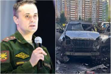 Andrei Torgashov e i resti della sua auto dopo l’esplosione