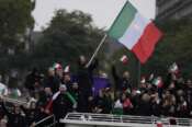 Italian olimpic team in Paris, France, during the opening ceremony of the 2024 Summer Olympics, Friday, July 26, 2024. (AP Photo/Luca Bruno)