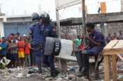 This image made from video shows police officers outside Makala prison in Kinshasa, Democratic Republic of the Congo, following an attempted jailbreak in Congo’s main prison Monday Sept. 2, 2024. (AP Photo)