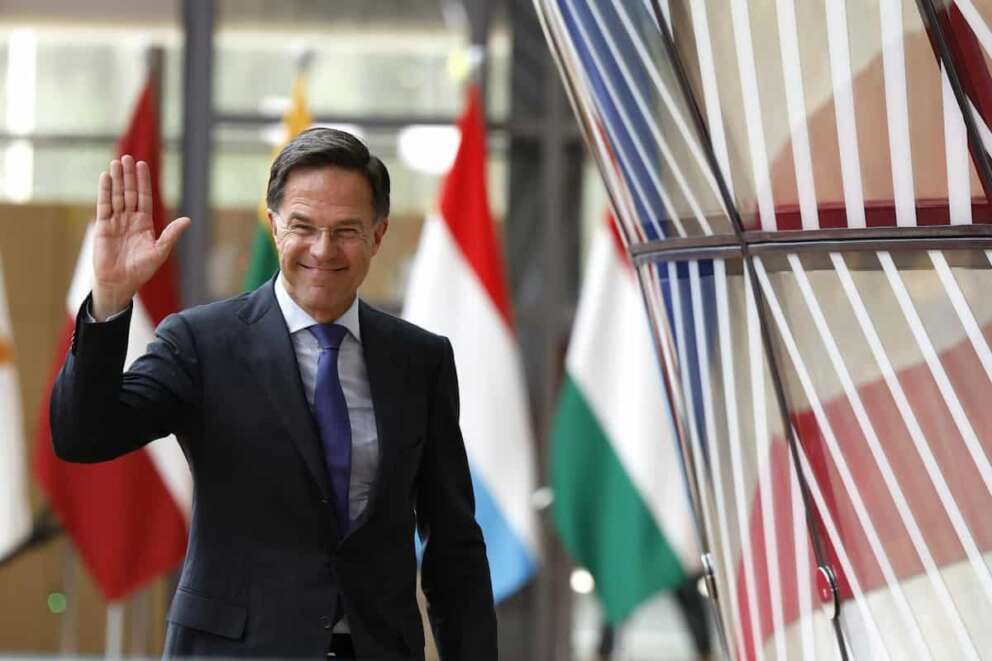 Netherland’s Prime Minister Mark Rutte waves as he arrives for an EU summit in Brussels, Thursday, June 27, 2024. European Union leaders are expected on Thursday to discuss the next EU top jobs, as well as the situation in the Middle East and Ukraine, security and defence and EU competitiveness. (AP Photo/Geert Vanden Wijngaert)