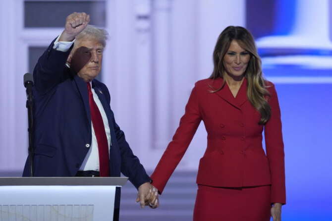 Republican presidential candidate former President Donald Trump is joined on stage by former first lady Melania Trump at the Republican National Convention Thursday, July 18, 2024, in Milwaukee. (AP Photo/J. Scott Applewhite)