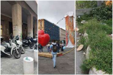 Parcheggio selvaggio di scooter sotto i portici pedonali di via San Giacomo, il Pulcinella di Pesce in piazza Municipio, sporcizia in piazza Municipio