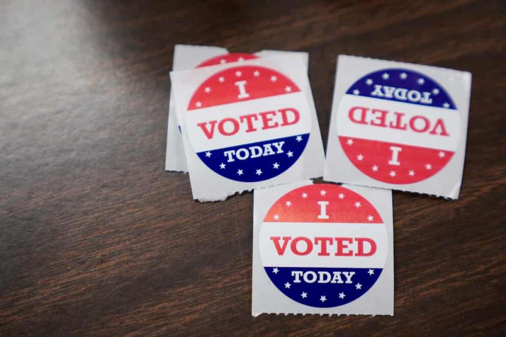 “I voted today” stickers are displayed at the polling place at Black Mountain Library during the first day of early in-person voting, Thursday, Oct. 17, 2024, in Black Mountain, N.C. (AP Photo/Stephanie Scarbrough)