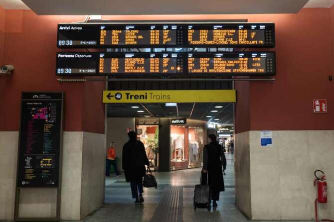 Delays and cancellation of trains at “Porta Nuova” Turin Station. Railway workers represented by several of Italy’s major labor unions plan to stage a nationwide eight-hour strike between the hours of 09:00-17:00 Nov. 5. The purpose of the action is to protest alleged increasing insecurity on board trains; the work stoppage is in reaction to a recent stabbing of a train conductor at a station in Rivarolo. Turin, Tuesday, November 5, 2024. (Photo by Marco Alpozzi/Lapresse)