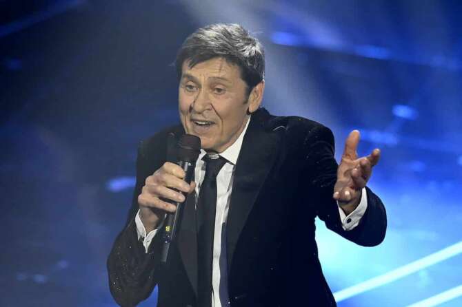 Gianni Morandi performs during the 74th edition of the SANREMO Italian Song Festival at the Ariston Theatre in Sanremo, northern Italy – Thursday, FEBRUARY 8, 2024. Entertainment. (Photo by Marco Alpozzi/LaPresse)