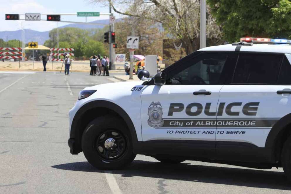 Albuquerque police cordon off streets near a protest that blocked one of the main gates to Kirtland Air Force Base in Albuquerque, New Mexico, on Thursday, May 2, 2024. The protesters vowed to “shut everything down” over the ongoing war in Gaza. Base officials said the gate would remain closed indefinitely. (AP Photo/Susan Montoya Bryan)