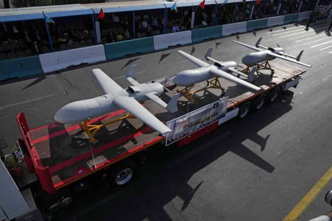 “Shahed-136 B” drones are displayed by Iranian Revolutionary Guard during an annual armed forces parade marking anniversary of the beginning of war against Iran by former Iraqi Dictator Saddam Hussein 44 years ago, in front of the shrine of the late revolutionary founder Ayatollah Khomeini, just outside Tehran, Iran, Saturday, Sept. 21, 2024. (AP Photo/Vahid Salemi)