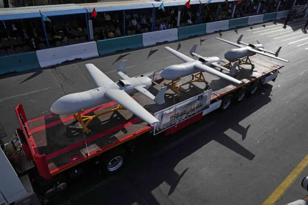 “Shahed-136 B” drones are displayed by Iranian Revolutionary Guard during an annual armed forces parade marking anniversary of the beginning of war against Iran by former Iraqi Dictator Saddam Hussein 44 years ago, in front of the shrine of the late revolutionary founder Ayatollah Khomeini, just outside Tehran, Iran, Saturday, Sept. 21, 2024. (AP Photo/Vahid Salemi)